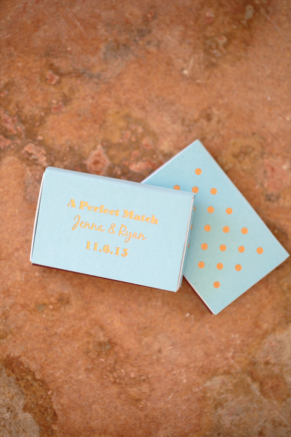 blue and gold polka dot wedding matches
