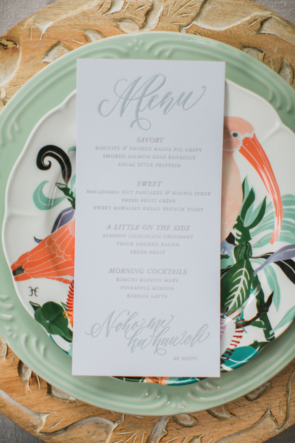 Elegant breakfast menu card on bird patterned plate