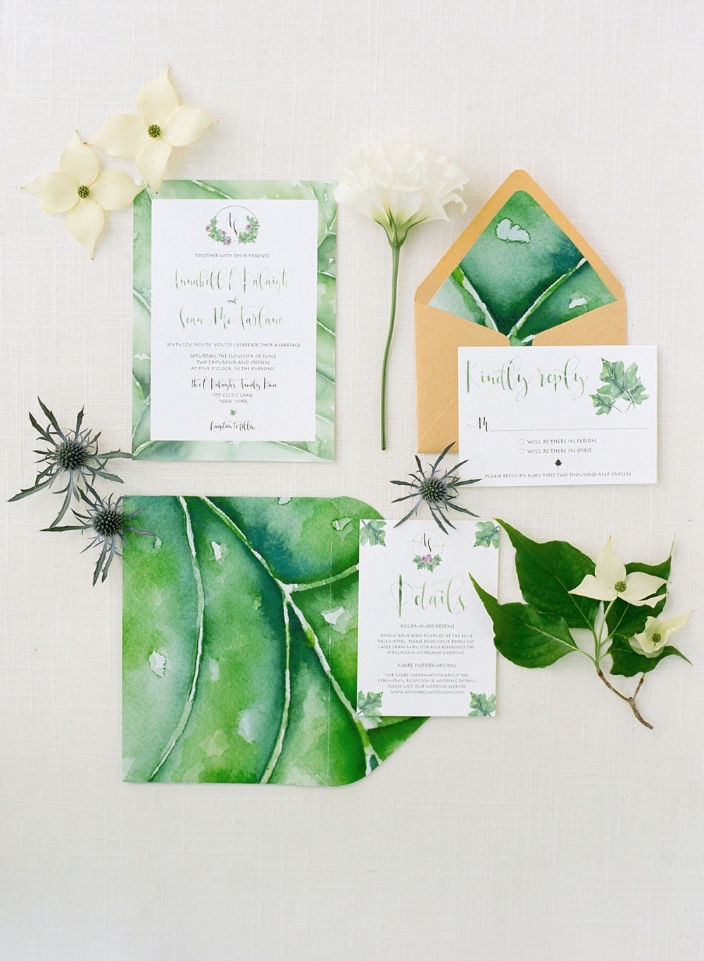 Leafy green water color invitation suite