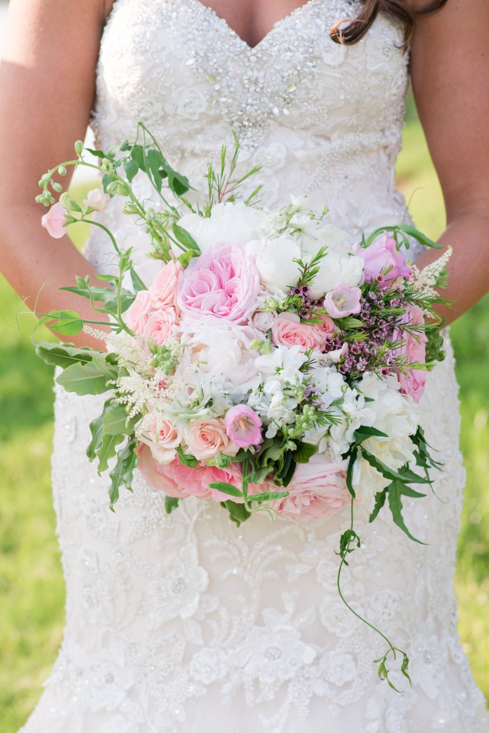 pink peach and white wedding bouquet
