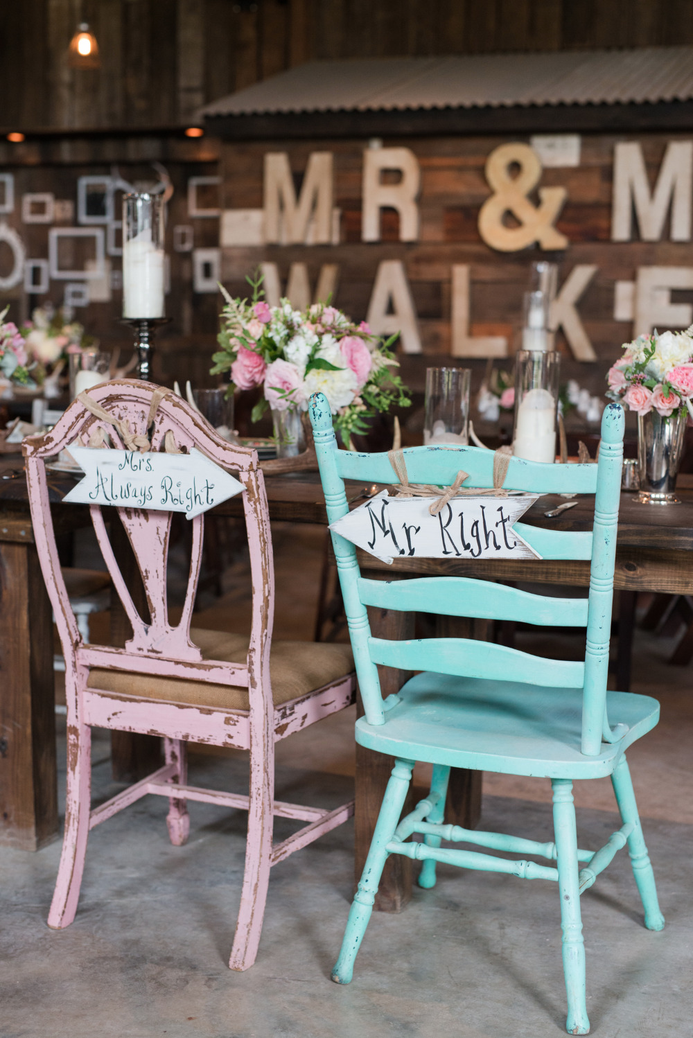 pink and blue mr and mrs wedding chairs