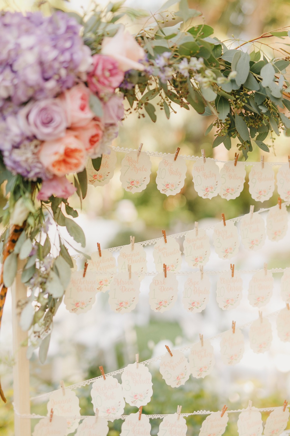 Wedding decor with floral arrangement and seating chart display