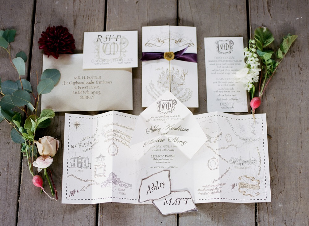 Fun Harry Potter themed wedding invitation suite