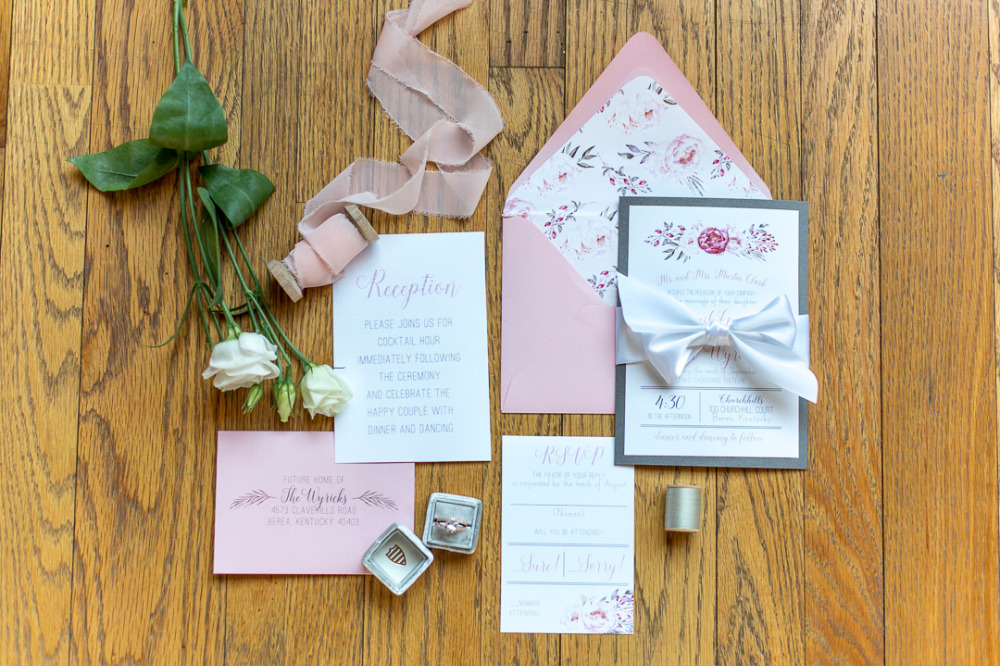 pink and blue floral wedding stationery suite