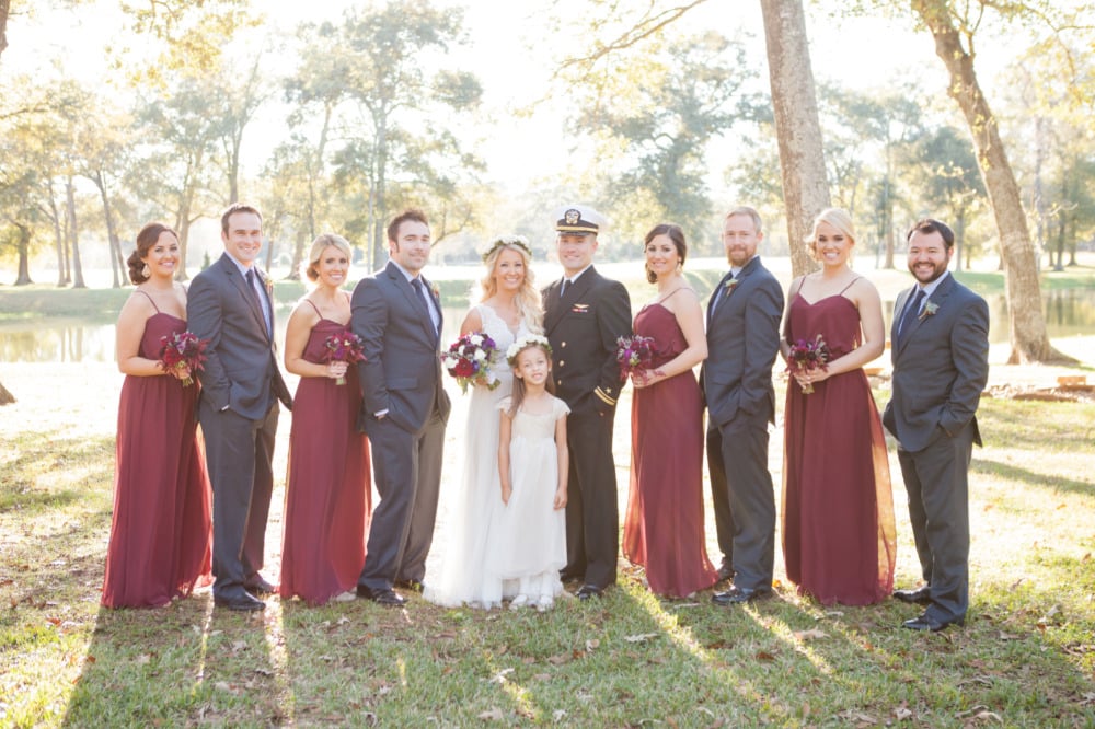 red and grey wedding party attire