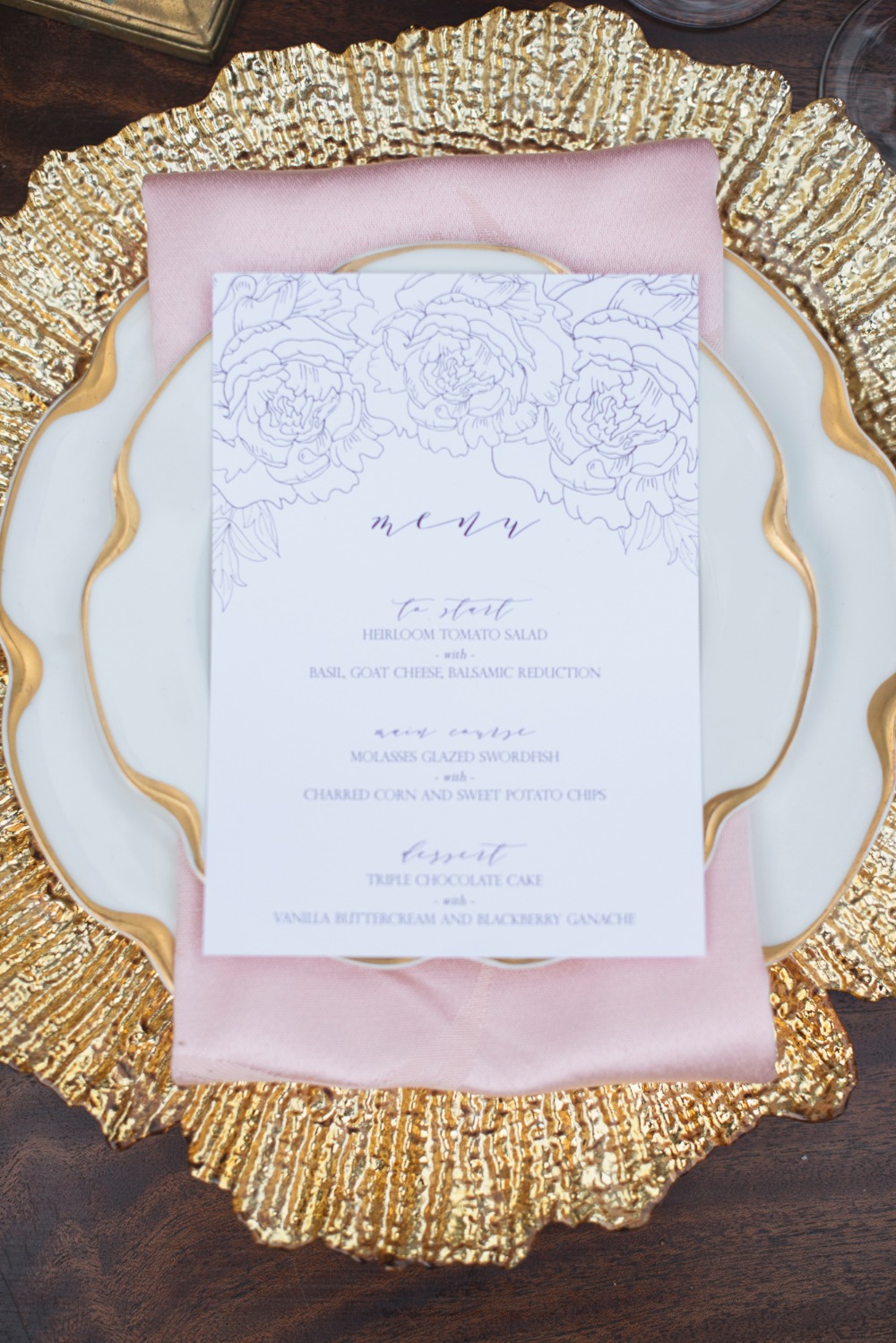 Lavender, blush and gold table details