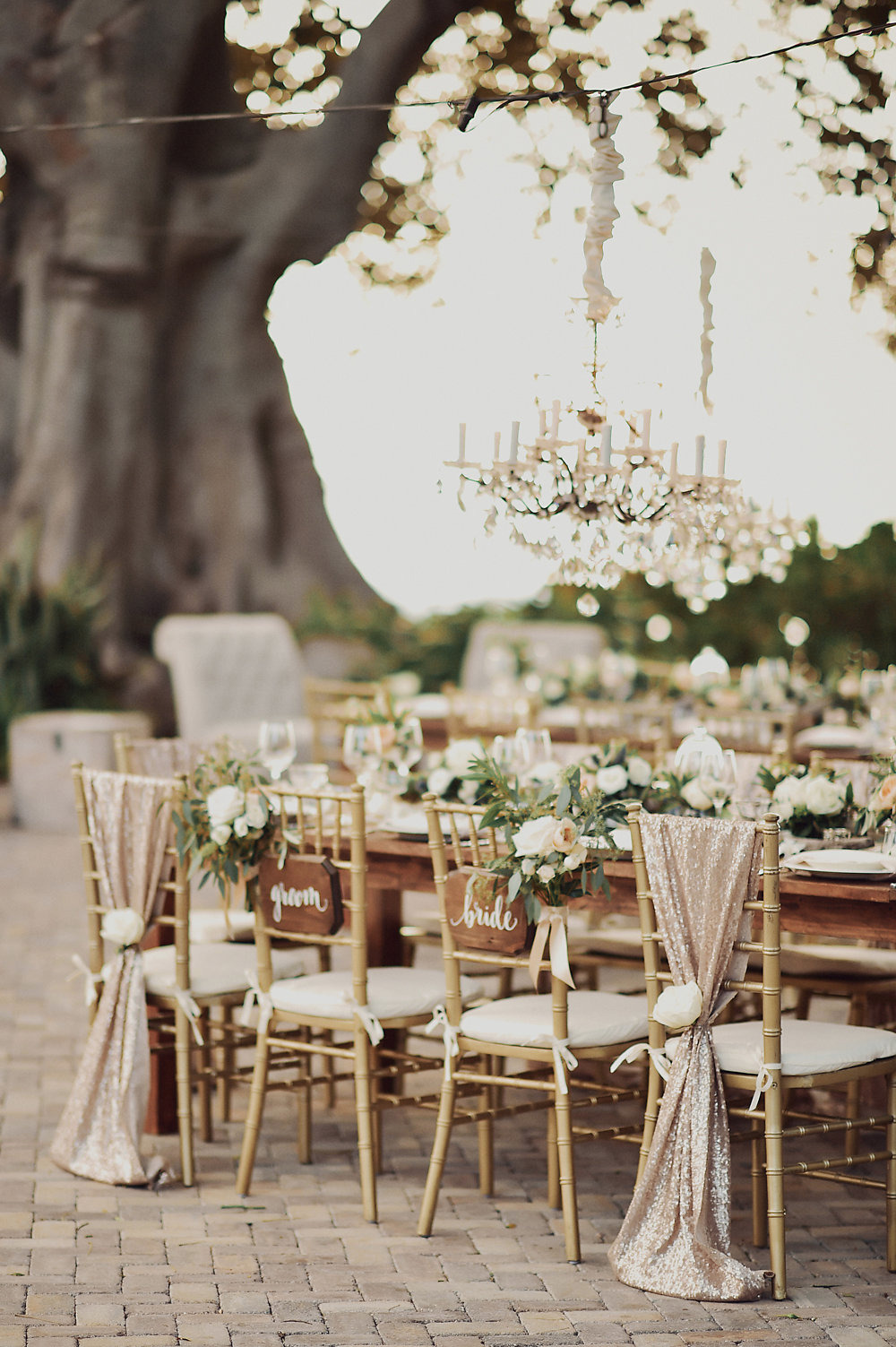 rose gold sequin chair drapes