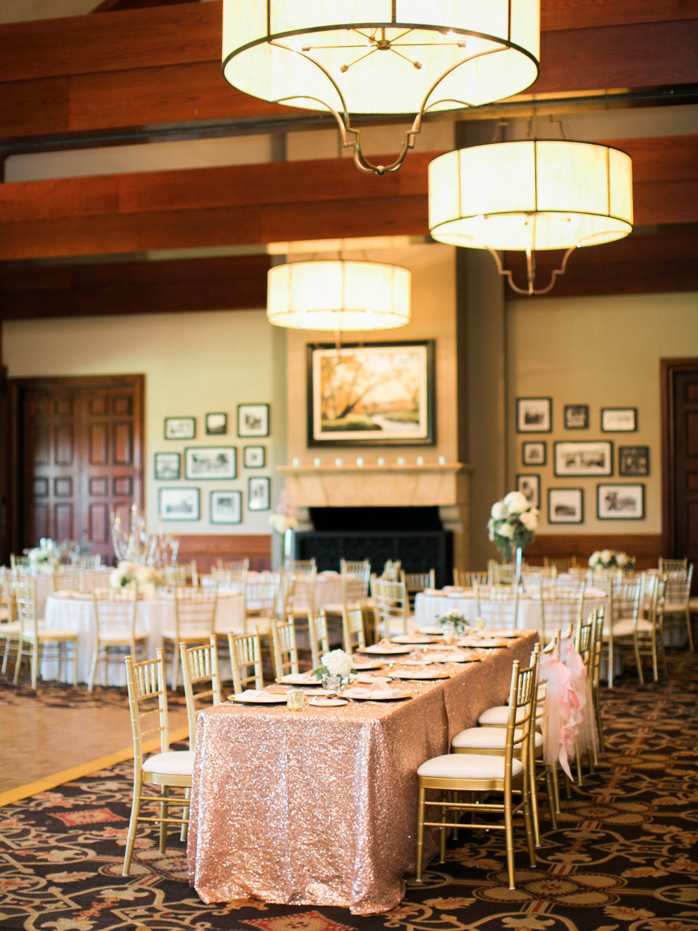 pink and gold wedding reception indoors