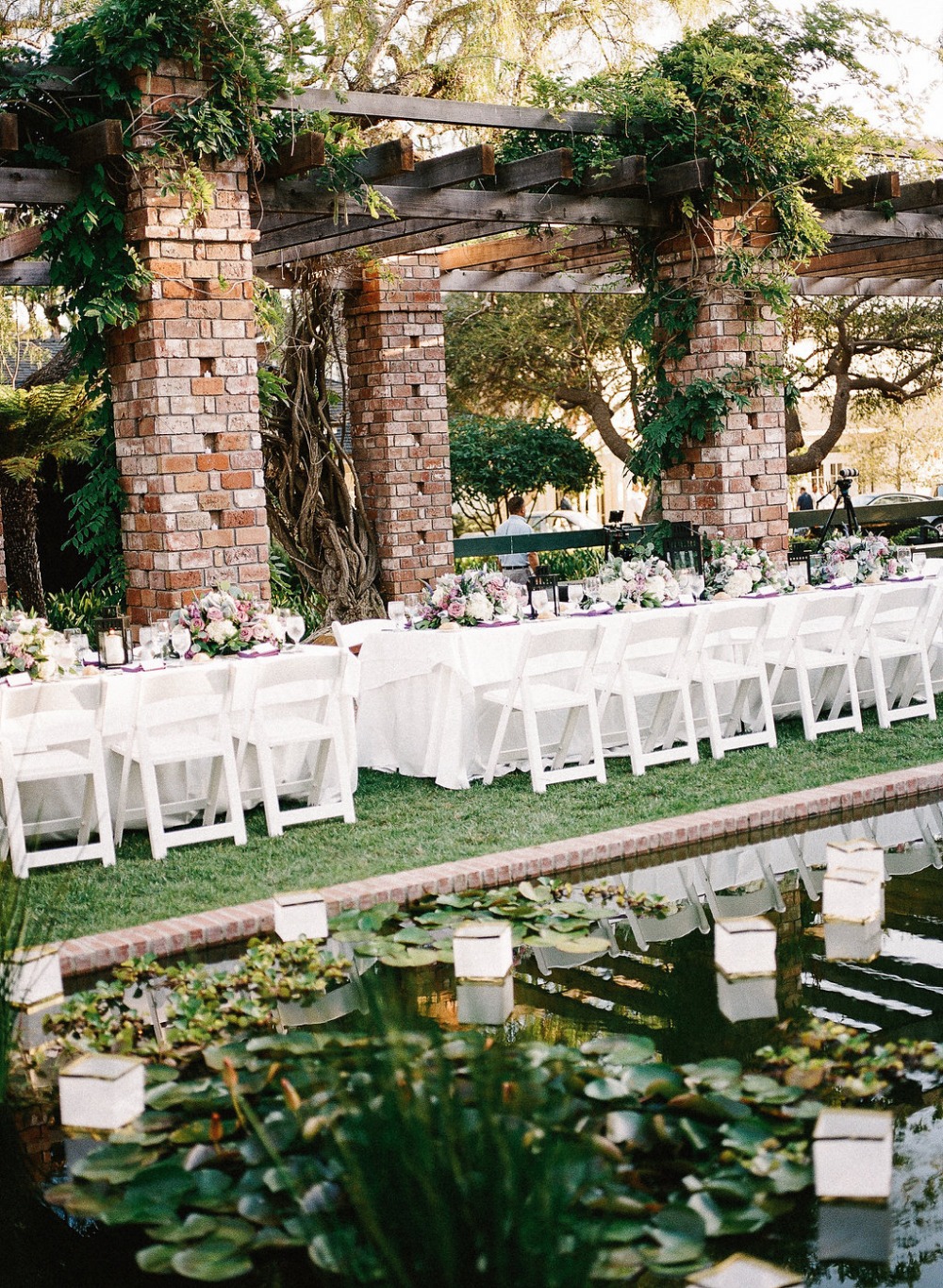 White and purple reception tables