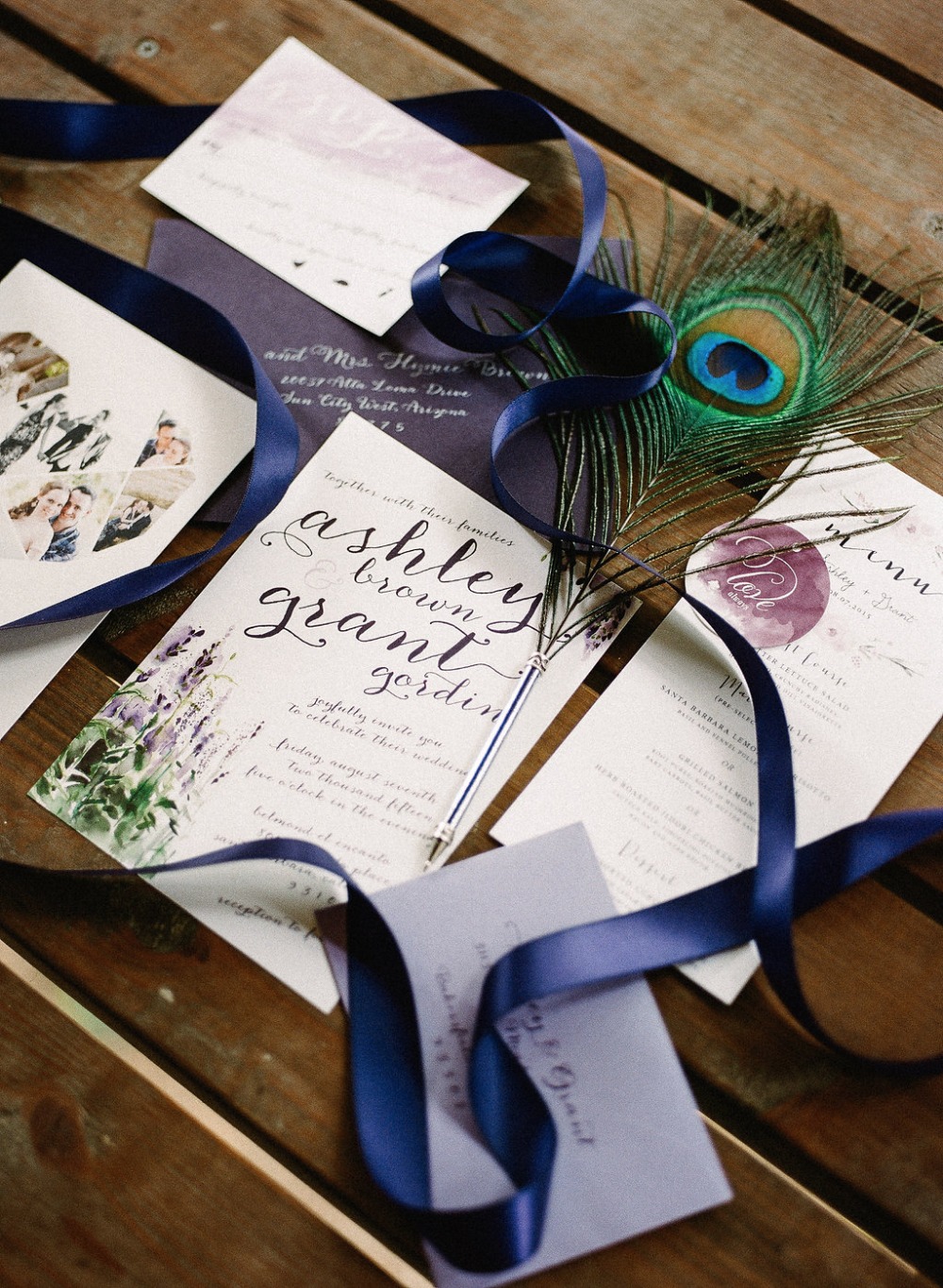 Purple calligraphy invitation suite