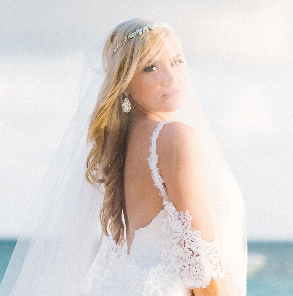 Bride in beautiful lace wedding dress and veil