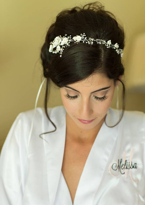 Bride in robe with floral headpiece