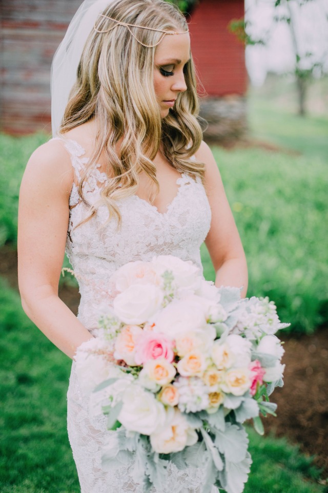 long hair worn down with a wedding headpiece