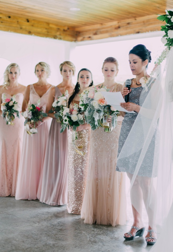 bridesmaids in pink and gold
