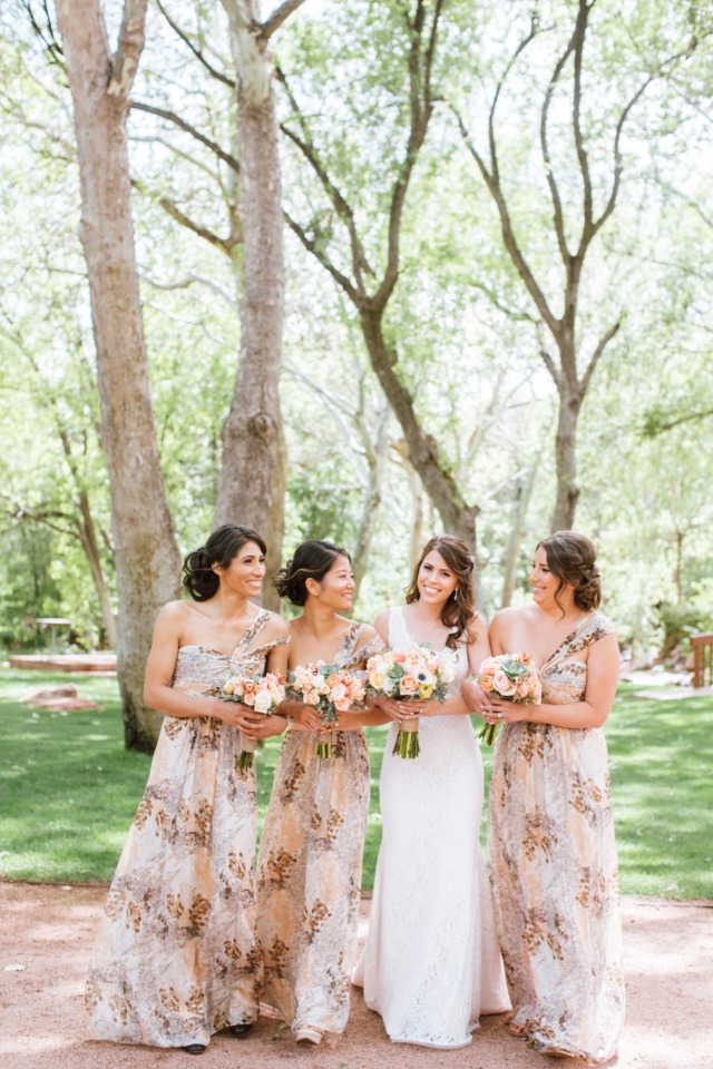 peach and floral print maid of honors dresses