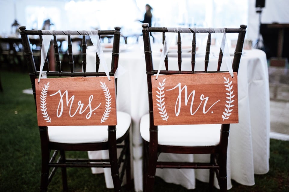 mr and mrs wedding seat signs