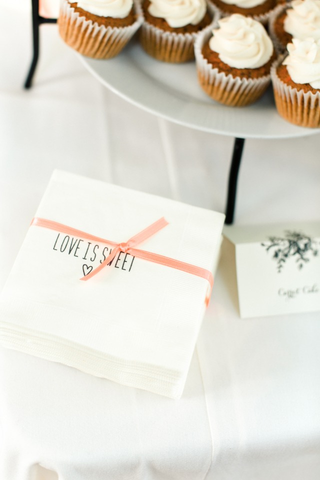 Sweet cupcakes and napkins that say love is sweet at a party