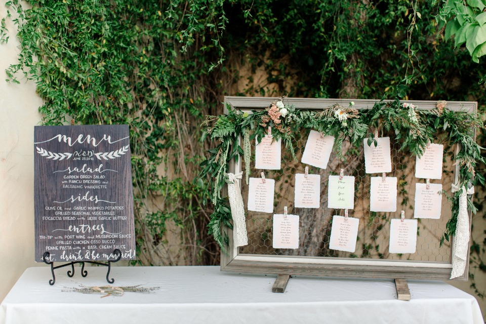seating assignments and menu for the reception