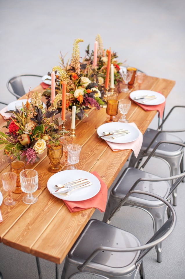 modern farm table with fall floral accents