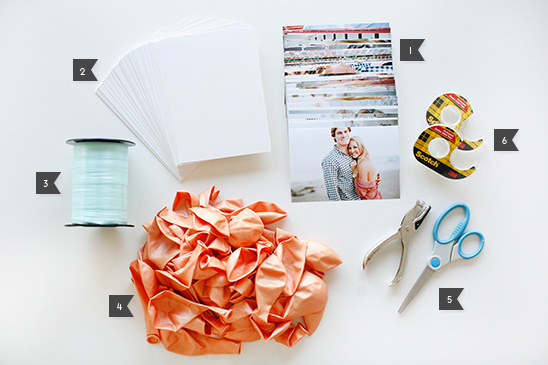 DIY photo balloon invitation supplies: cards, photos, ribbon, balloons, scissors, tape