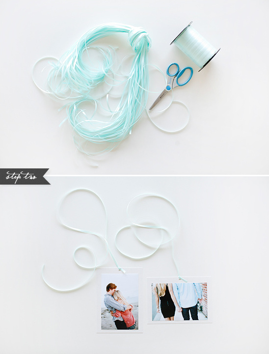 DIY wedding favor:  couple photos tied with ribbon