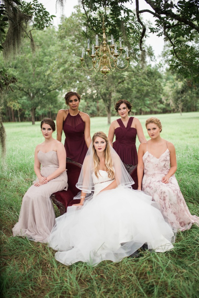 long bridesmaid dresses in wine and soft pink and floral patterns