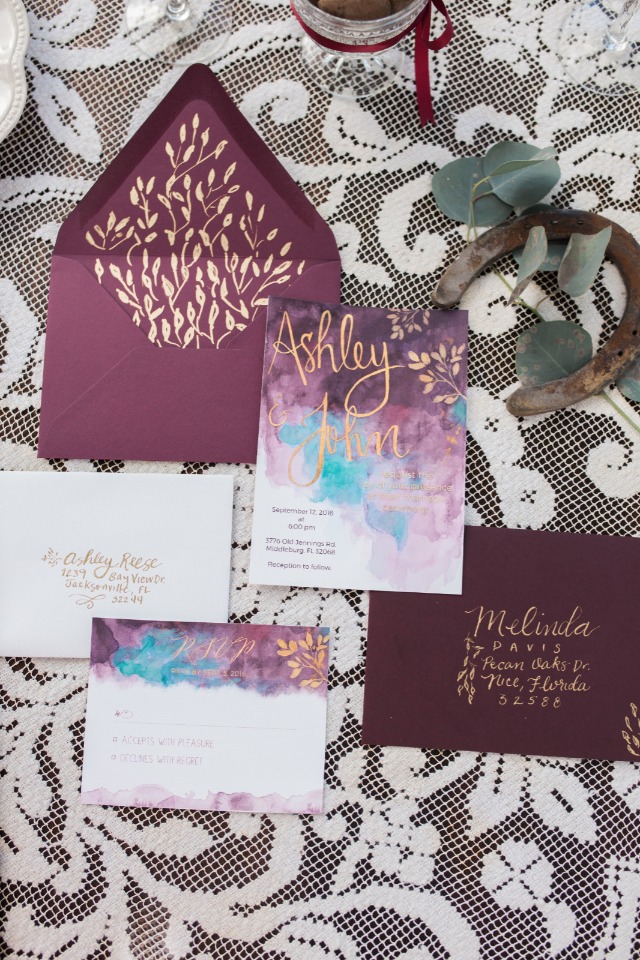 purple and gold wedding stationery