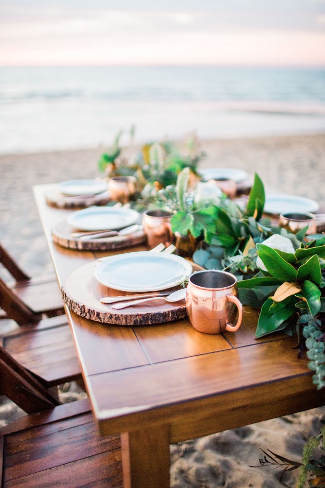 rustic copper and greenery table scape