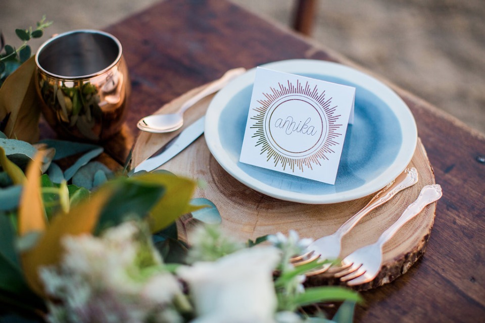 Rustic wedding table setting with Annika place card