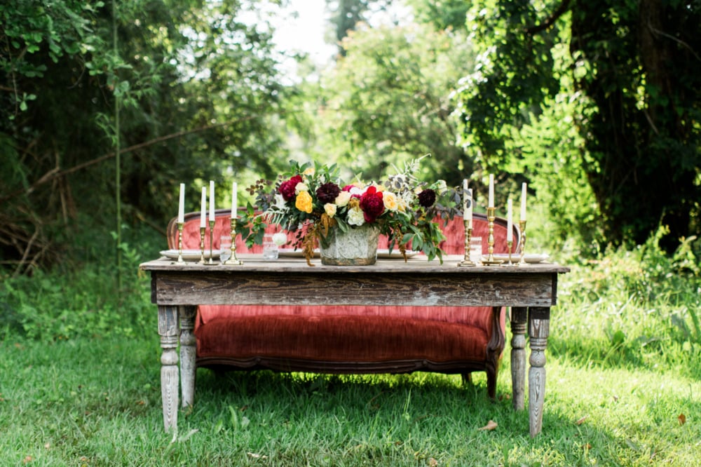 red velvet wedding sweetheart table seating