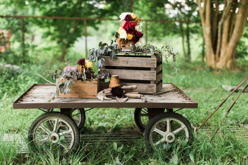 garden cart wedding dessert table