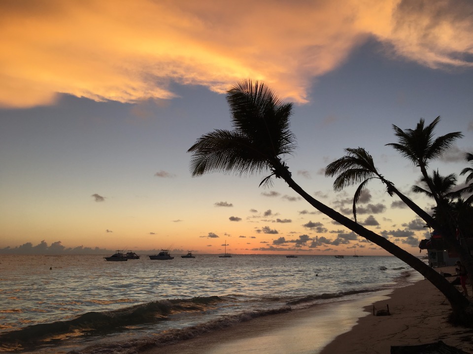 Tropical beach sunset with palm trees and boats