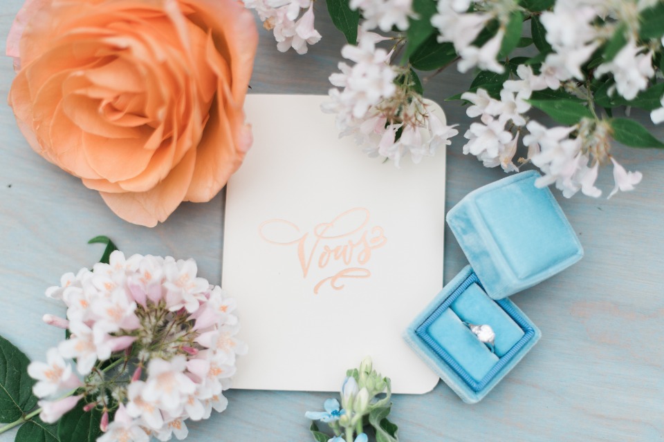 Romantic vows card engagement ring and peach rose