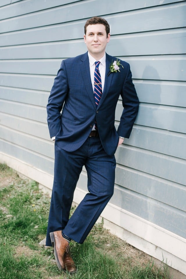 navy groom suit with striped tie