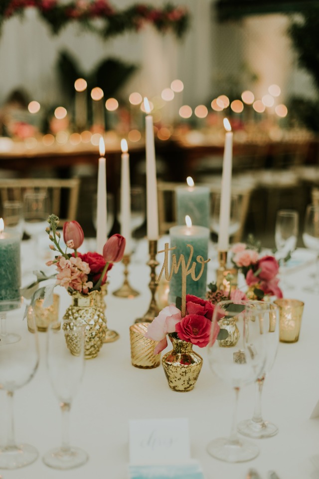 mismatched chic gold pink and teal table decor