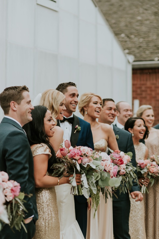 wedding party in gold and grey