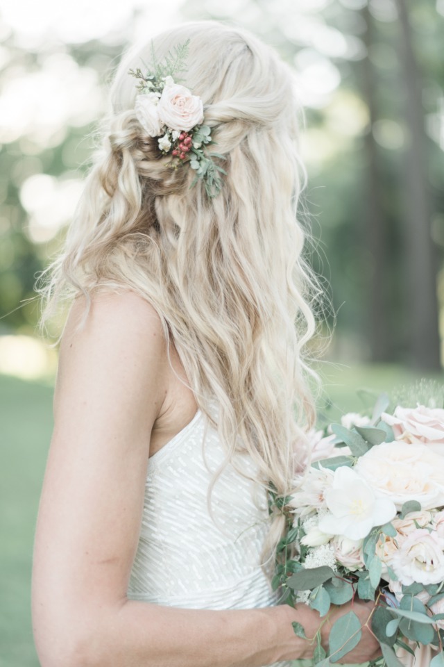 half up wedding hair with flower accents