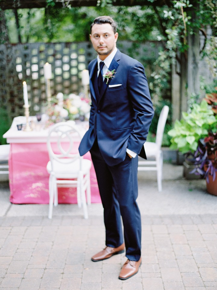 blue suit groom with brown shoes