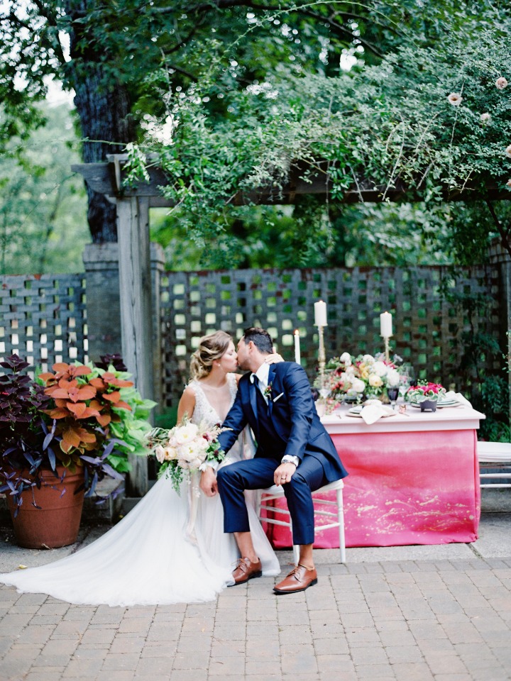 bride and groom and garden reception