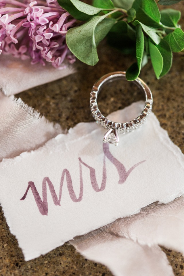mrs wedding escort card in purple calligraphy