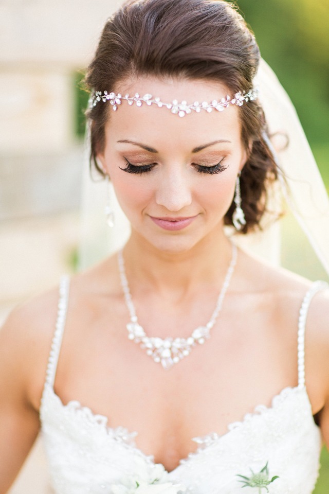 elegant bridal halo and necklace with fresh face makeup