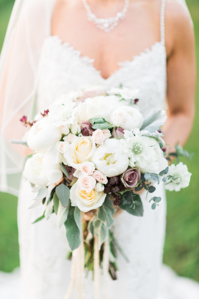romantic white and dusty purple wedding bouquet