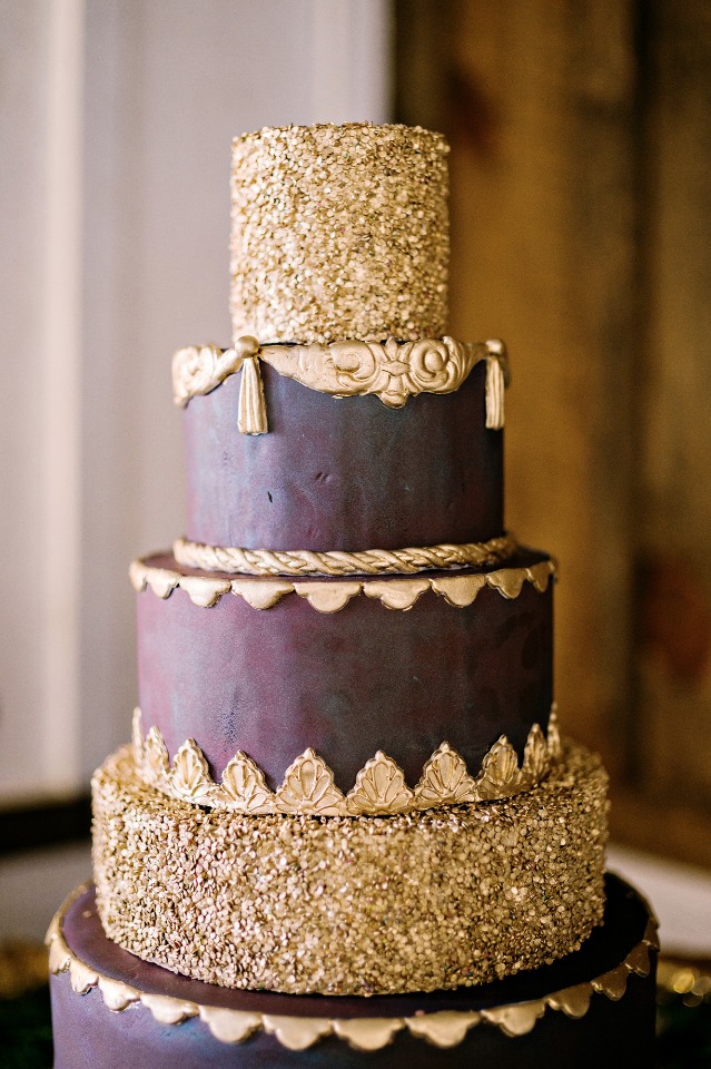 deep wine and gold wedding cake
