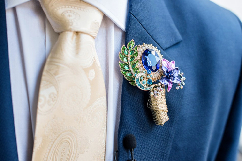 jeweled broach wedding boutonniere