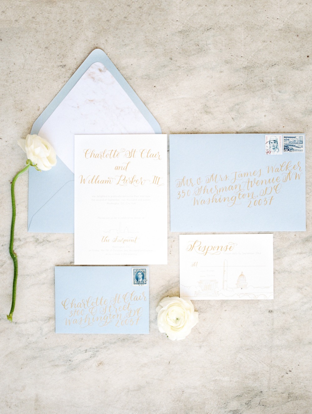 Blue and gold elopement announcement