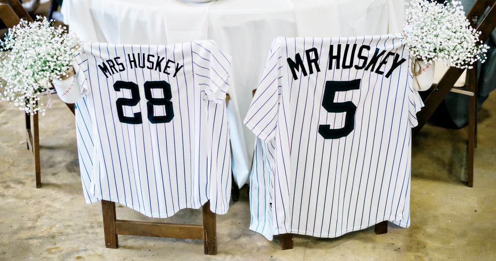 Bride and groom baseball jerseys