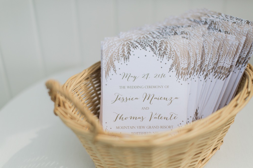 Wedding programs in basket Jessica Maienza and Thomas Valente