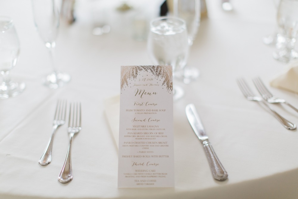 White and gold wedding menu