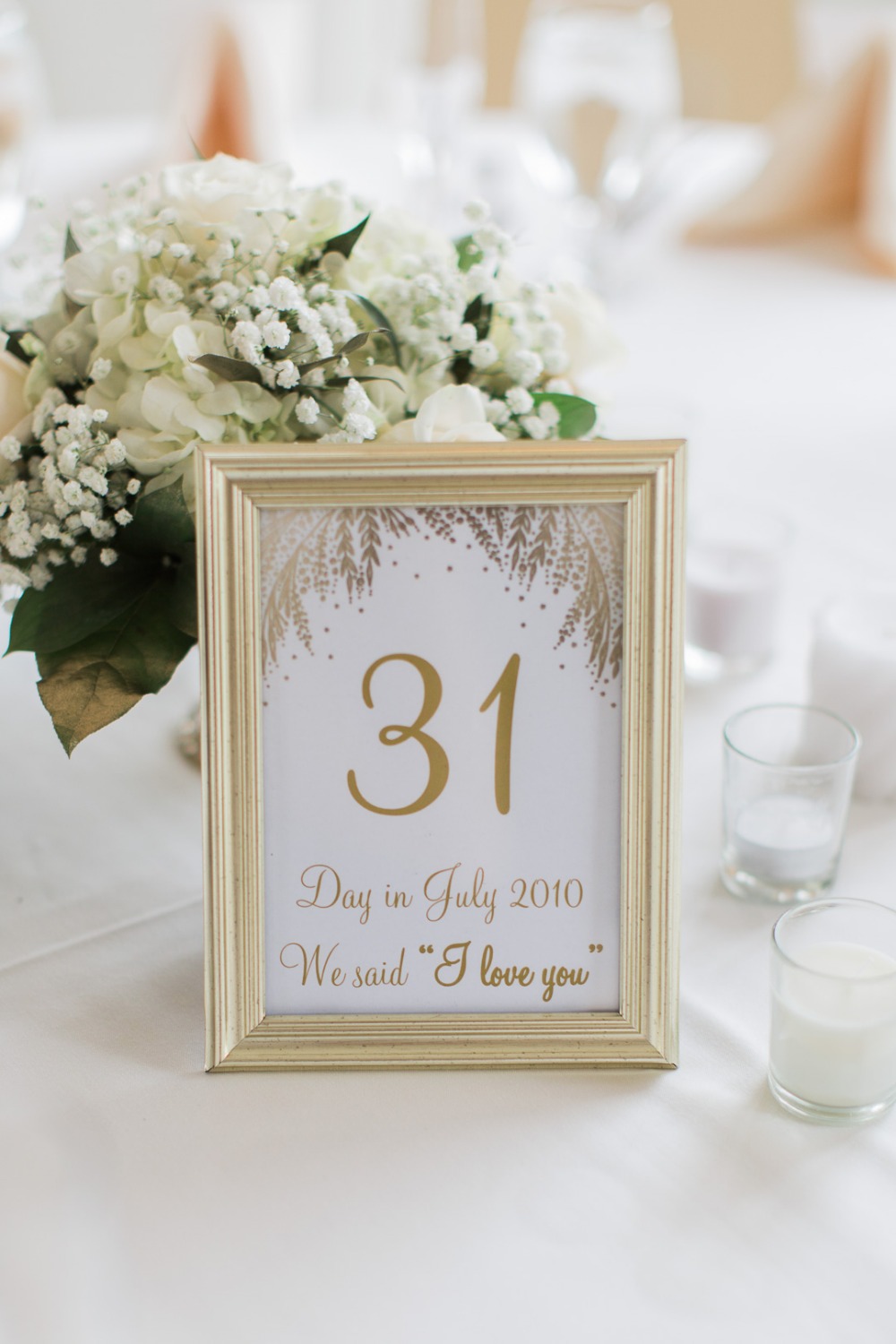 Wedding table decoration with date and I love you message