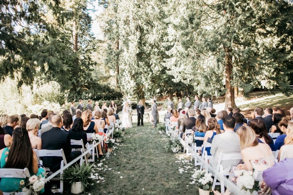Outdoor wedding ceremony with guests seated in rows